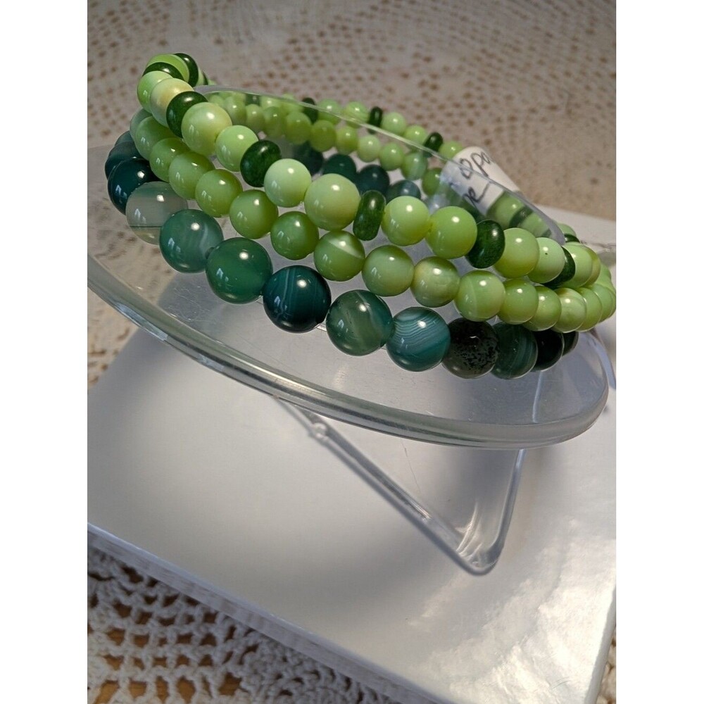 Handmade Stretch Bracelet Stack- Green Agate, Green Opal, And Jade